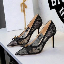 1963-H132 European and American sexy lace mesh sequin decoration super high heels women's shoes rose bow single shoes women