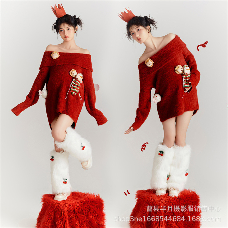 New Christmas-Themed Studio Outfits for Pregnant Women, New Year's Lazy Festive Red Sweater, Personal Art Photography Clothing
