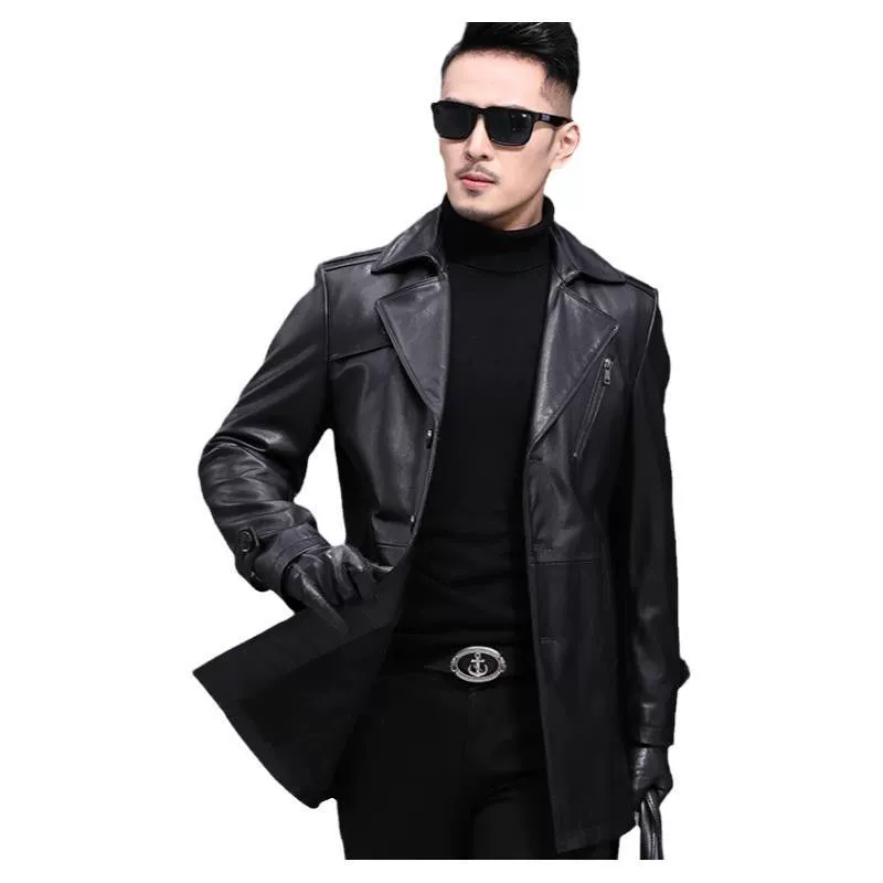 Длинное trench-пальто, кожаная куртка, средняя длина, бычья кожа, натуральная кожа