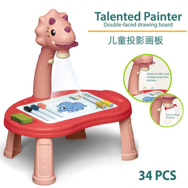 兒童投影恐龍畫板跨境新款卡通投影儀可擦塗鴉繪畫板寫字桌早教