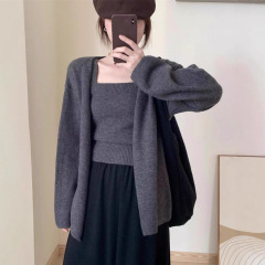 韩系温柔风纯色毛衣外套套装女秋冬宽松针织开衫小背心两件套1197