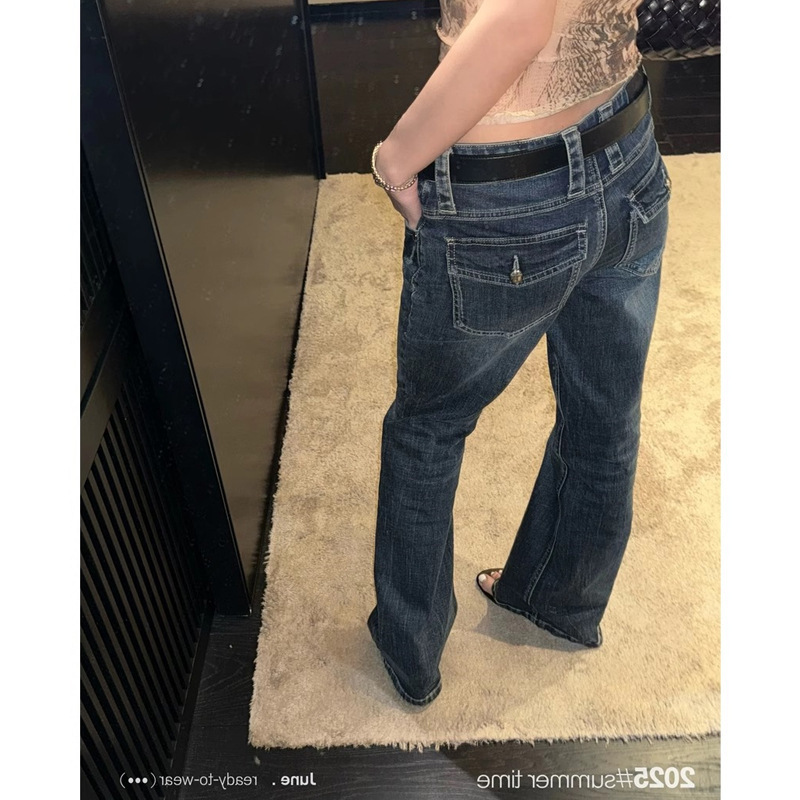 Sun11 Whiskered Faded Slim Fit Flared Jeans for Women Summer 2025 New American Casual Low-Rise Pants