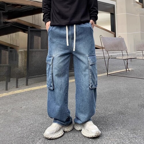 Men's Spring and Autumn New Streetwear Denim Jeans, American Washed Loose Fit Wide Leg Long Pants