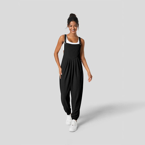 ins new 2024 European and American cross-border comfortable casual design waist pleated slimming leg jumpsuit overalls