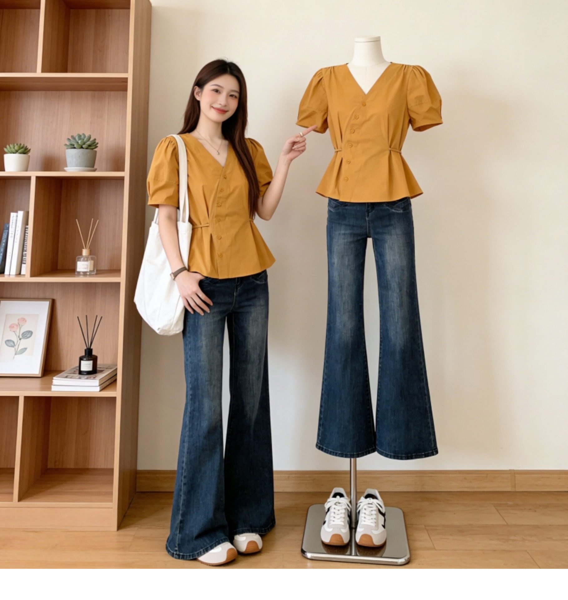Áo sơ mi nữ cổ V tay ngắn phong cách Hàn Quốc, thiết kế eo ôm nhẹ — xanh lam chi tiết 2