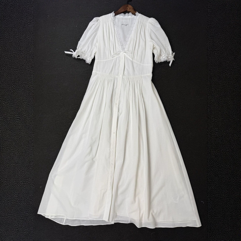 Women's Refor White V-Neck Single-Breasted Lace-Trimmed Nanyou Style Elegant Tie-Up Puff Sleeve Long-Sleeve Dress