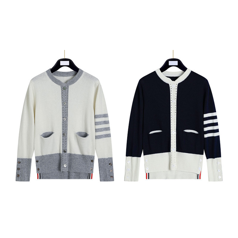 Tb Autumn and Winter Women's Knitted Cardigan V-Neck Color Matching Four-Bar Sweet High-End Small Fragrance Preppy Style Versatile Niche