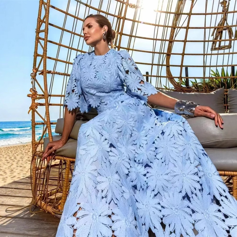 25 Summer European and American Niche Daisy Cut Out Lace Bell Sleeve Short Top + Large Hem Half-Length Skirt Vacation Suit for Women