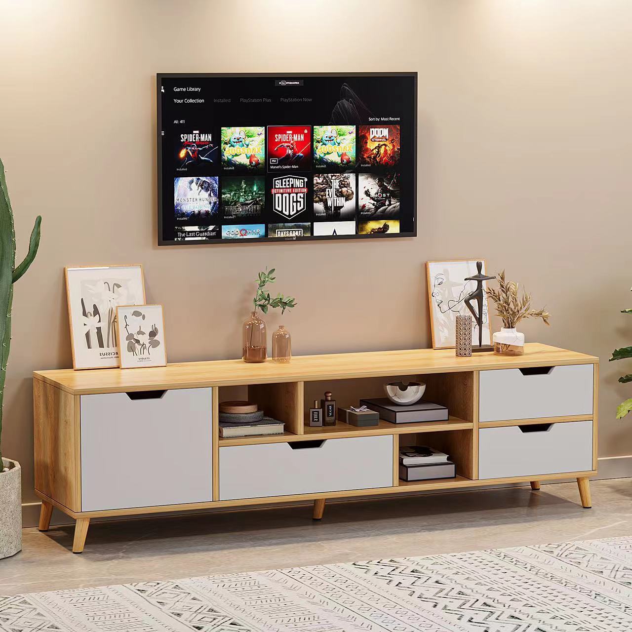 Nordic Tv Cabinet and Coffee Table Set, Cream Style Living Room Home Use, Solid Wood Legs, Tv Cabinet, Coffee Table, Small Table