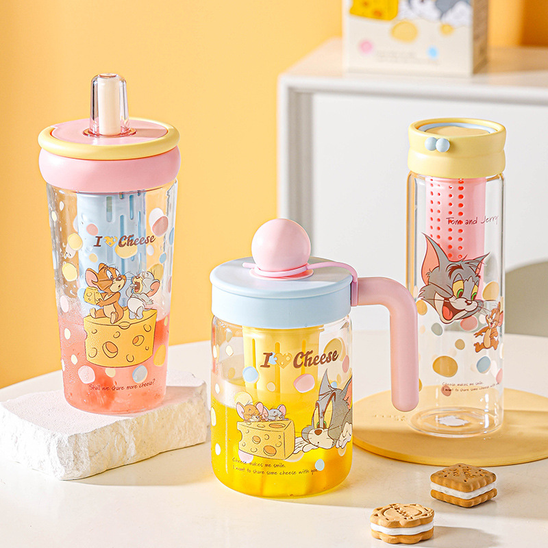 Nuevo gato y ratón Vaso de vidrio con alto contenido de borosilicato Vaso de agua de alto valor Vaso de paja de gran capacidad de verano Vaso de agua con fugas de té