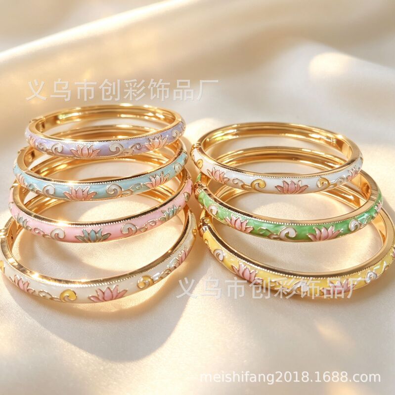 New Chinese-Style Lotus Enamel Bracelet, Traditional Chinese Cloud Pattern Oil-Drip Bracelet, Factory Supply Pre-Sale New Model Wholesale New Chinese-Style Lotus Enamel Bracelet, Traditional Chinese Cloud Pattern Oil-Drip Bracelet, Factory Supply Pre-Sale New Model Wholesale