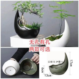 大号月牙黑白粗陶瓷花盆栽绿植物多肉无孔有孔水培水养室内外家用
