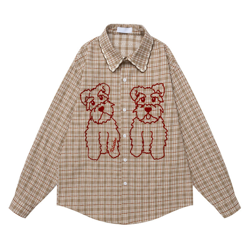 Long-sleeved shirt with wavy lace collar, front pattern of two red velvet Schnauzer puppies, loose-fitting shirt for men and women Long-sleeved shirt with wavy lace collar, front pattern of two red velvet Schnauzer puppies, loose-fitting shirt for men and women