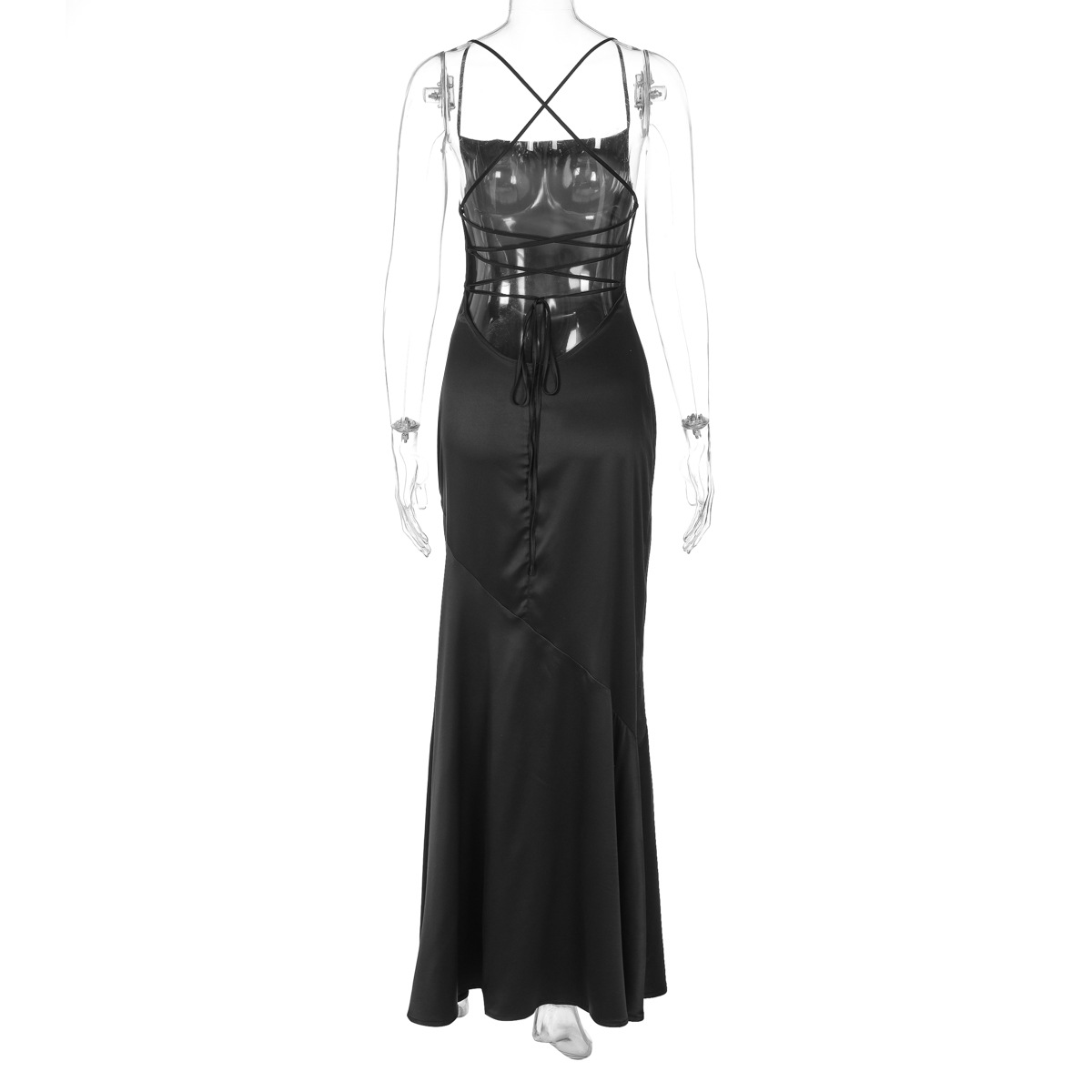 Women Clothing Spring Summer Word Collar Satin Sexy Big Backless Tied Dress
