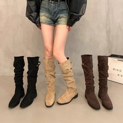 法式粗跟杏色绒面堆堆长靴女鞋2025新款春秋冬季百搭瘦瘦长筒靴子