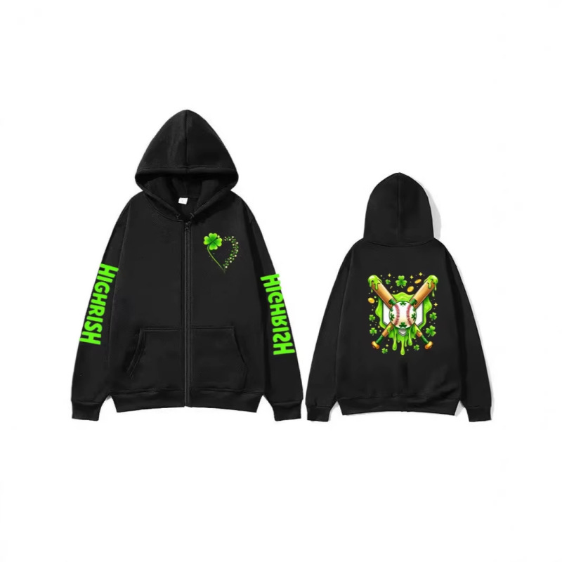 European and American Holiday-Themed Zip-Up Hoodie, Clover Baseball Print Casual Loose Sweatshirt, Unisex Jacket