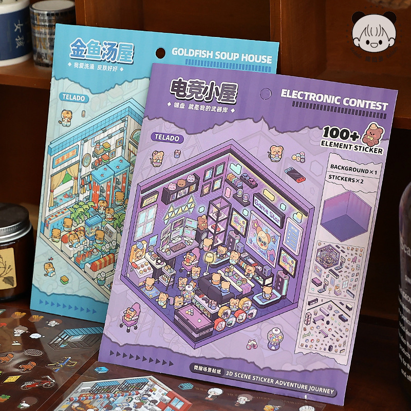 Tirado pegatinas de escena en miniatura vida flotante serie de notas de ocio libro de mano de estudiante material de decoración película de corte pegatinas 3D