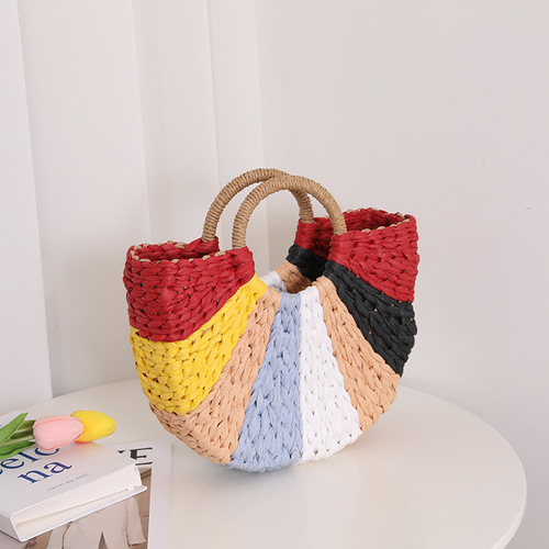 Half-moon rainbow hand-held grass bag woven bag new color clash hand-held grass-woven bag Bali vacation beach bag for women