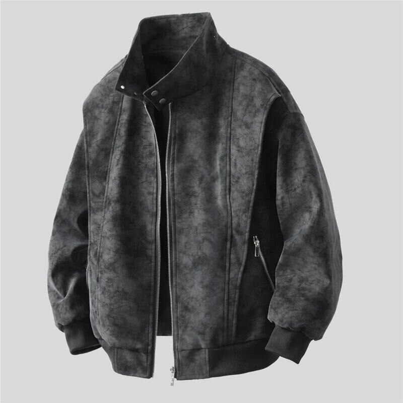Tangtuan jacket for men and women, spring style, American retro baseball collar, casual loose fit, washed leather jacket, Hong Kong style Tangtuan jacket for men and women, spring style, American retro baseball collar, casual loose fit, washed leather jacket, Hong Kong style