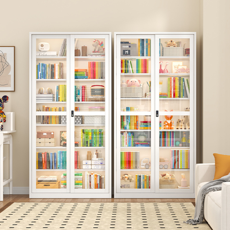 Steel Bookcase, sliding door, glass door, living room with door, integrated dustproof bookshelf, floor-standing household storage cabinet, storage