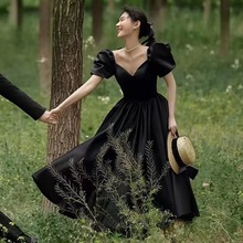 黑色禮服短袖影樓主題拍照服裝時尚連衣裙情侶彩寫真純色公主婚紗