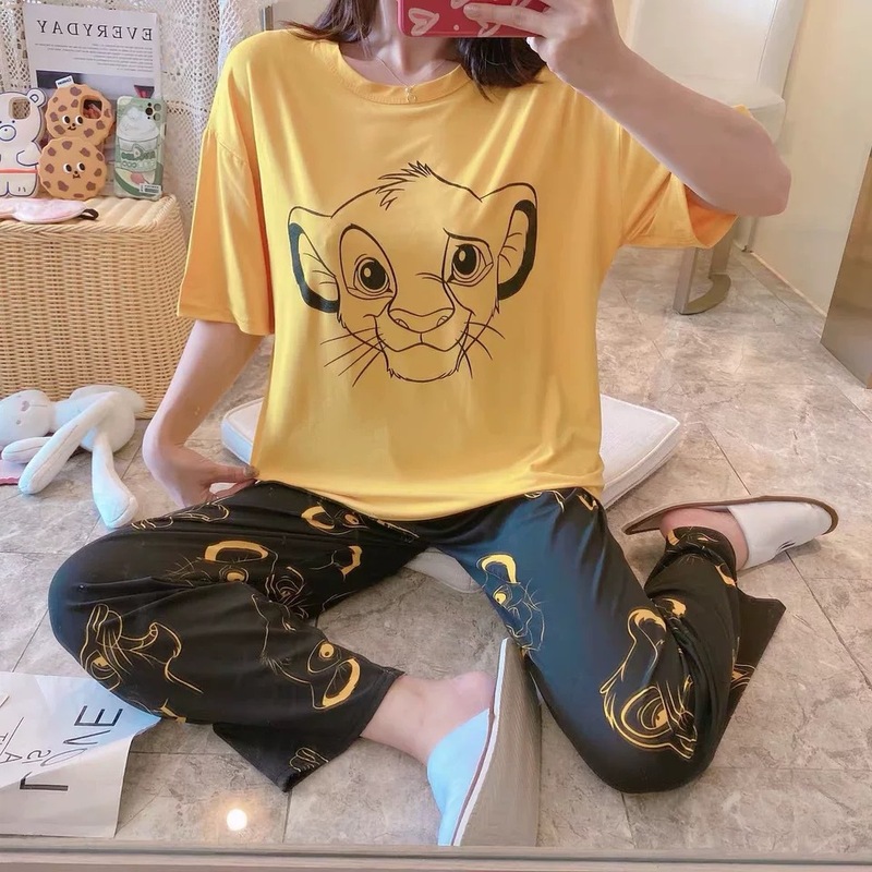 睡衣女春秋款5XL码新款短袖长裤女士印花可爱可外穿家居服套装|undefined