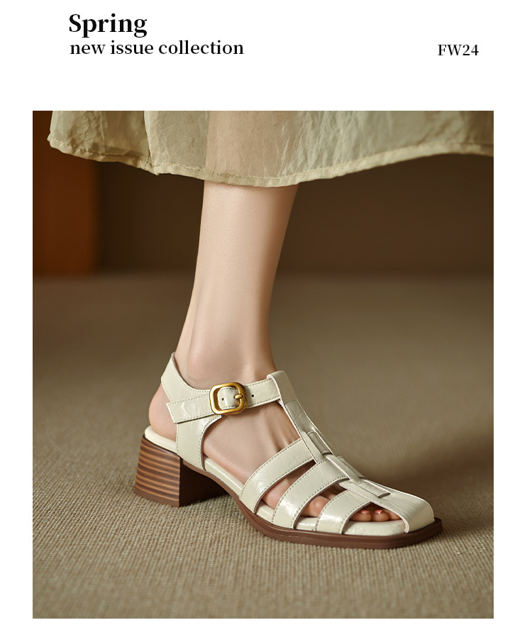 Sandal bít mũi nữ da thật kiểu Pháp cổ điển, gót trung dệt rỗng — Màu nâu, Màu đen, Màu trắng be chi tiết 10