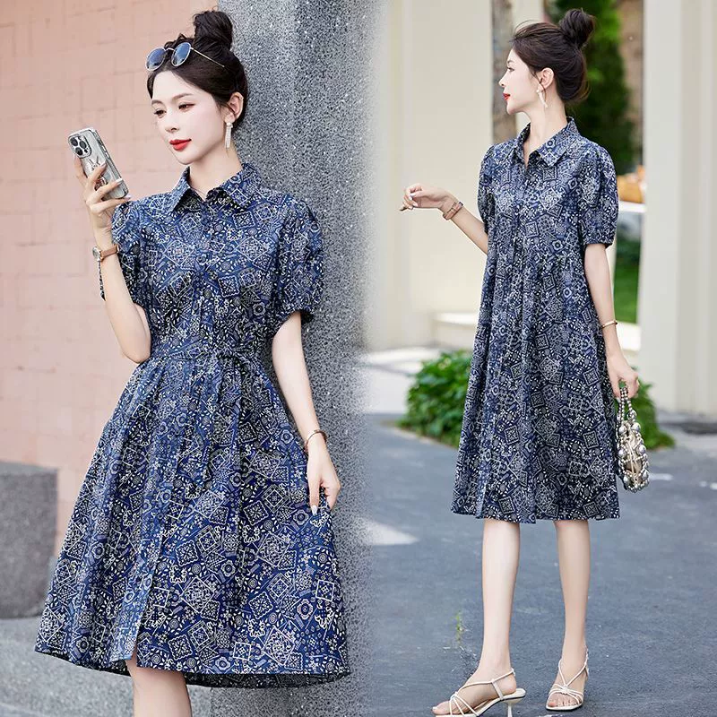 Модное ретро французское платье с цветочным принтом для похудения талии для женщин, лето 2024, новое модное платье с лацканами