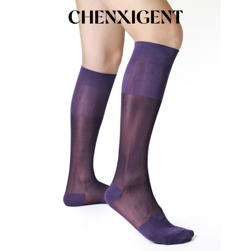 Formal Purple Plain Knee-High Stockings for Gentlemen, European and American Style, Solid Color, Breathable Nylon Suit Stockings