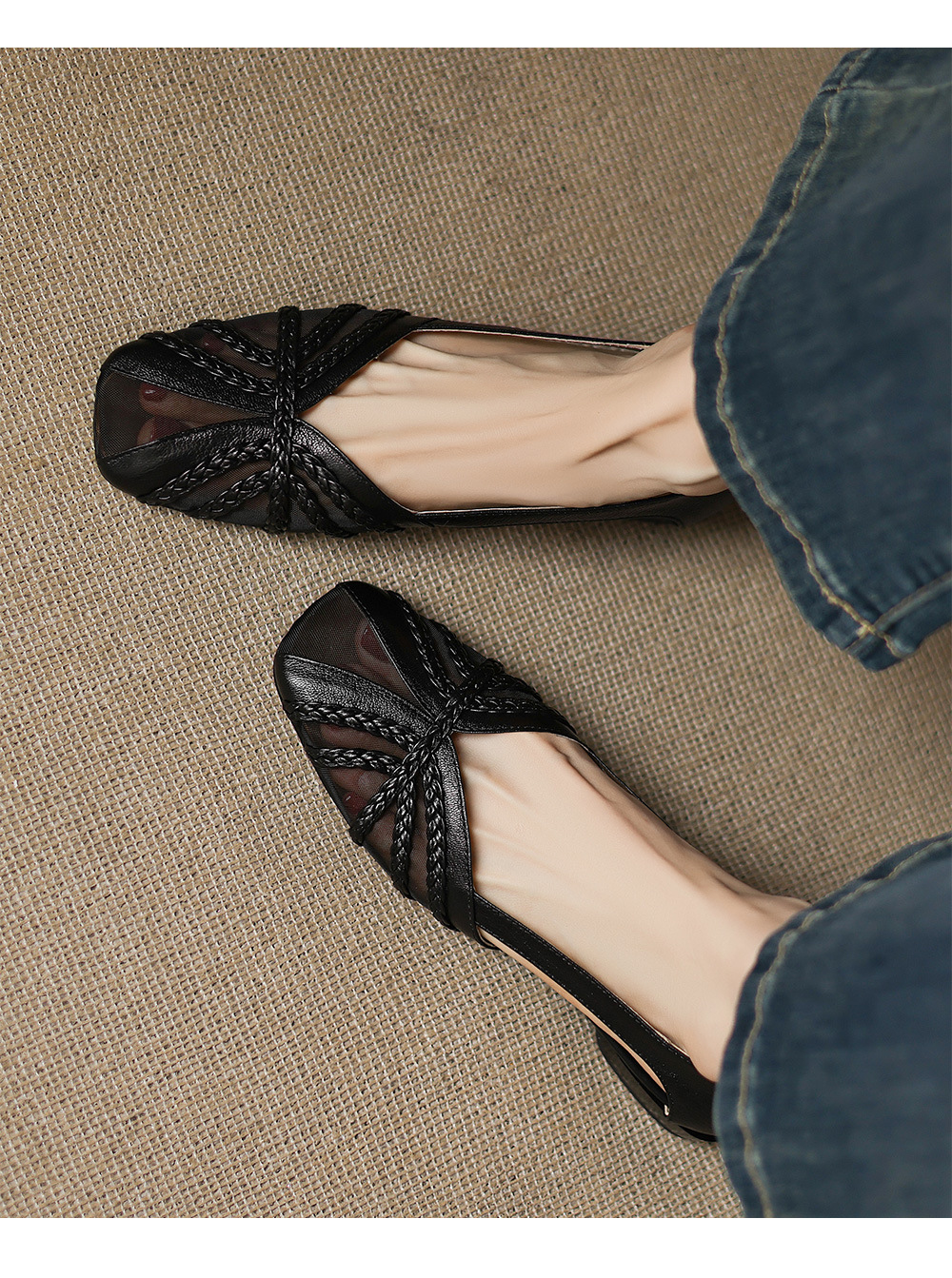 Sandal nữ da cừu mũi kín đế bệt phối lưới thoáng khí — đen chi tiết 9