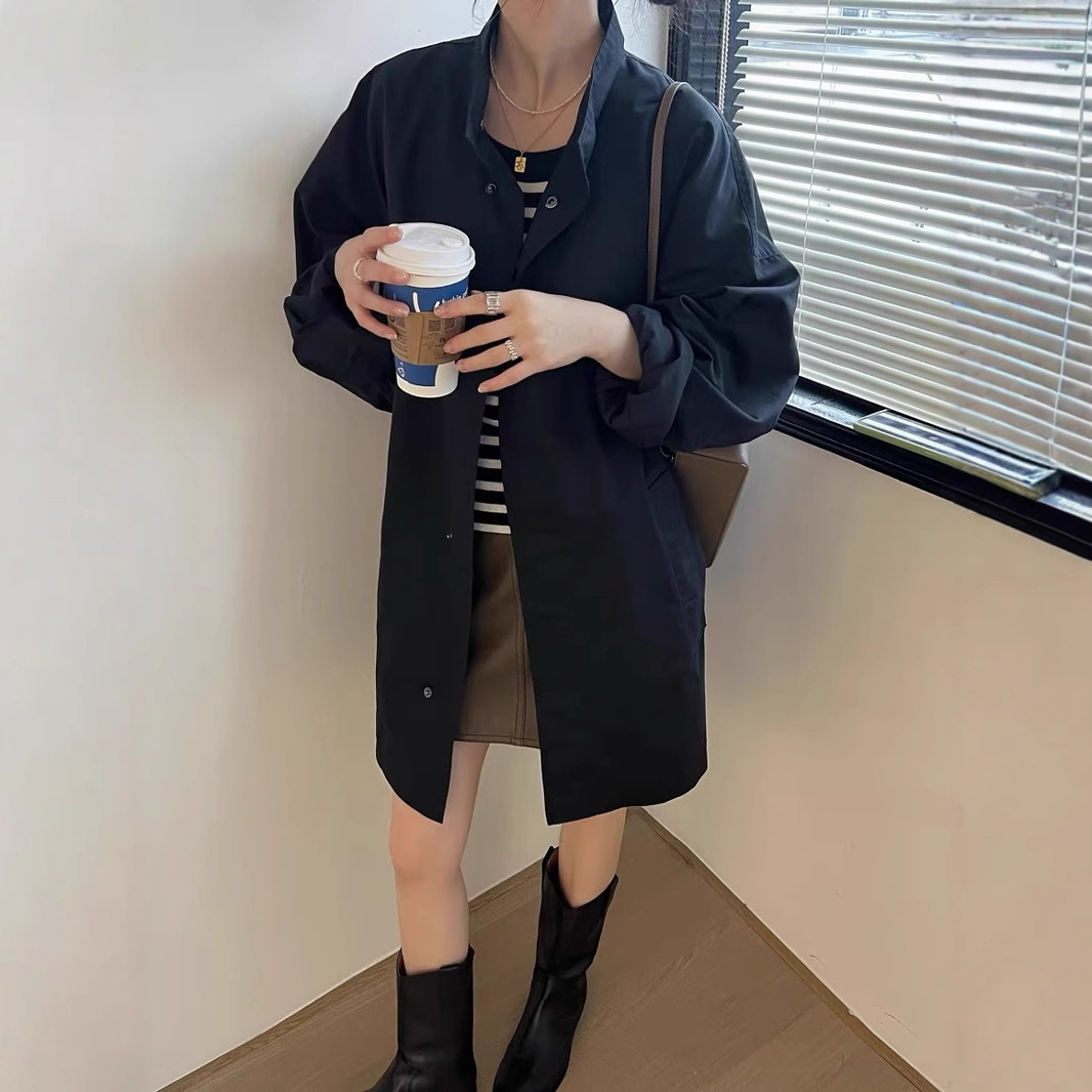 가을 한국식 쉬크한 얇은 레이지 스타일 스탠드 칼라 느슨한 레저 긴 소매 중간 길이 윈드브레이커 재킷 여성용