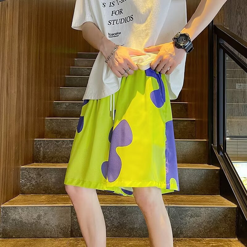 Círculos animados de fresa oso pantalones cortos de hombre de verano sueltos casa pijamas casuales pareja vacaciones de playa pantalones