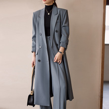 灰色长款西装外套女高级感大衣秋冬加厚夹棉英伦风高个子风衣套装
