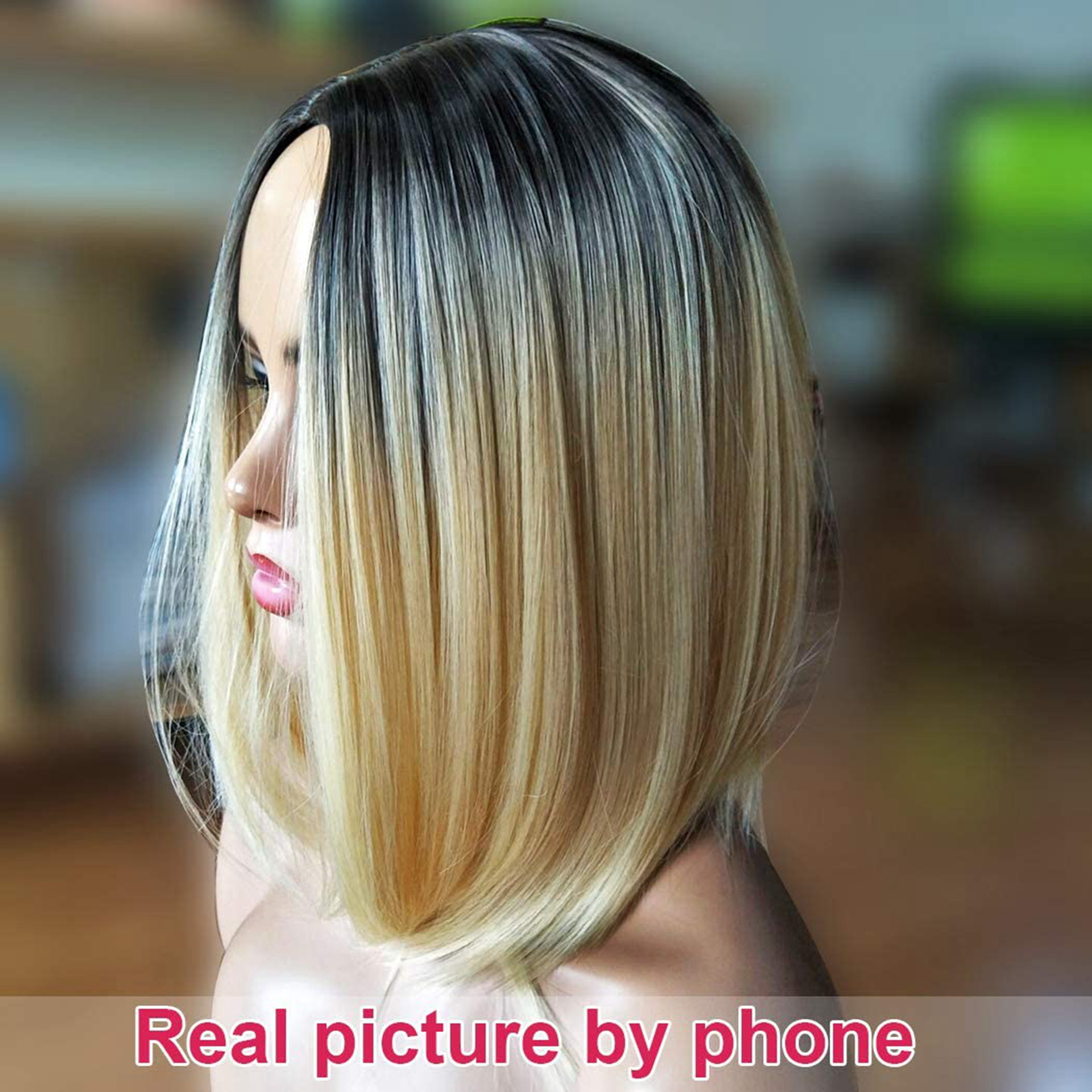 European American Style Short Straight Bob Synthetic Fiber Wig Full Head Center Parting Clip-in Hairpiece_voghion.com