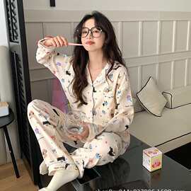 甜美少女可爱卡通小狗印花睡衣女春秋新款宽松长袖长裤家居服套装