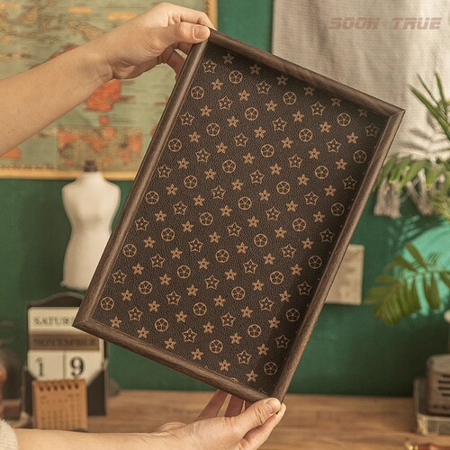 Chinese-style retro rectangular desktop jewelry stand key entryway storage box, luxury leather tea tray plate for home use