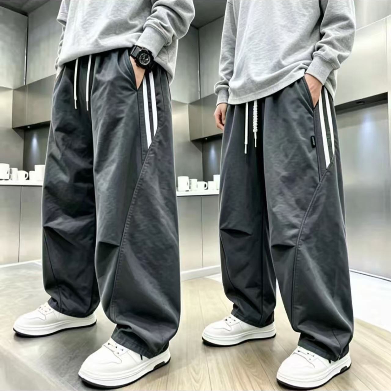【冰丝透气】新款男女童夏季速干宽松休闲四面弹时尚百搭长裤米白