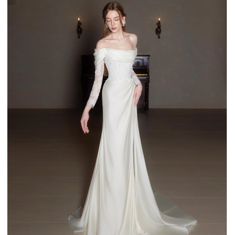 French Off-Shoulder Light Lace 2025 New White Slimming Small Train Bride Wedding Reception Dress_voghion.com