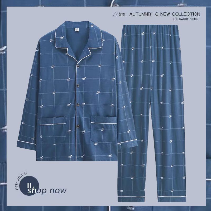 Pijamas de algodón para hombres primavera y otoño nuevos pantalones de manga larga primavera y otoño para hombres pijamas de tamaño grande set de ropa de casa para salir