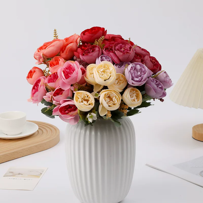 European-style living room artificial flowers fake flower bouquet 6-fork tea buds home decoration TV cabinet bedroom bedside floral ornaments