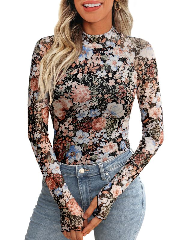 2024 European and American Quick Buy Flower Mesh Crewneck Long Sleeve Mesh with Thumb Hole Fashion Autumn Base Shirt Top