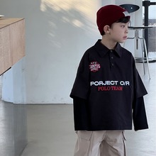 24春新款中小童男童韩国童装拼接假两件黑色绣花Polo领衬衫T恤潮