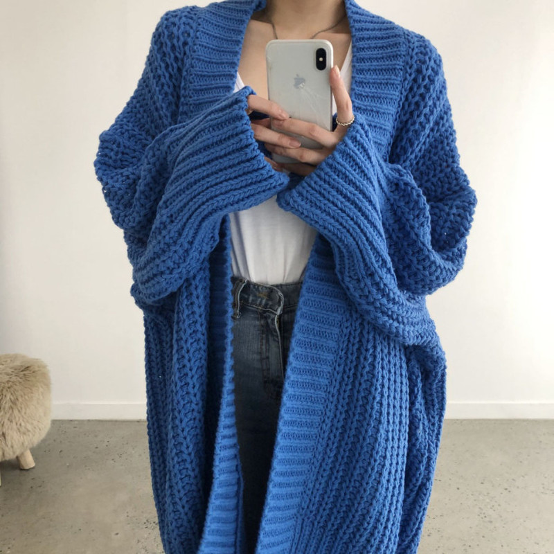 Cross-Border Foreign Trade Autumn and Winter Amazon Long Cardigan Solid Color European and American Women's Knitted Cross-Border Women's Fashion Sweater Women