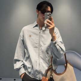 外贸跨境原标MIU缪家网红款刺绣徽标条纹薄条纹牛仔夹克外套男女