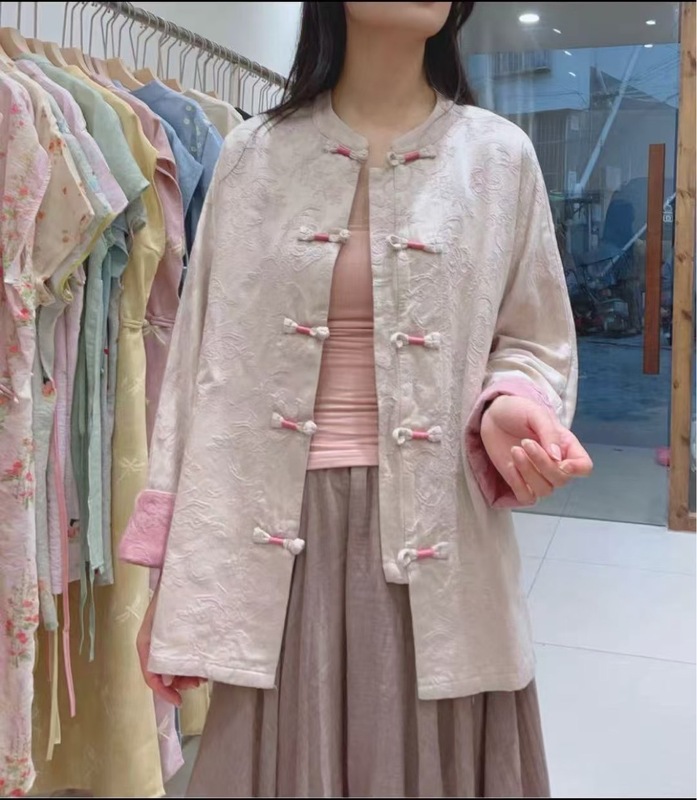 秋季新品新中式宽松提花棉麻开衫女装立领宽松长袖茶服|undefined