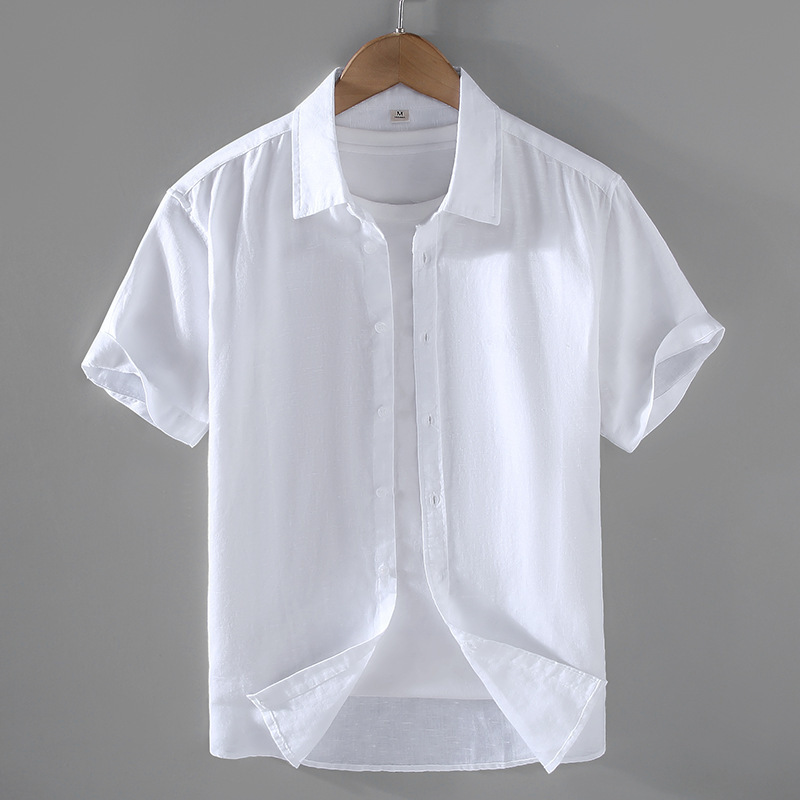 Solid Color Linen Shirt Men's Short-Sleeved Summer Basic Breathable Thin Linen Clothes Chinese Style Retro Casual Tops