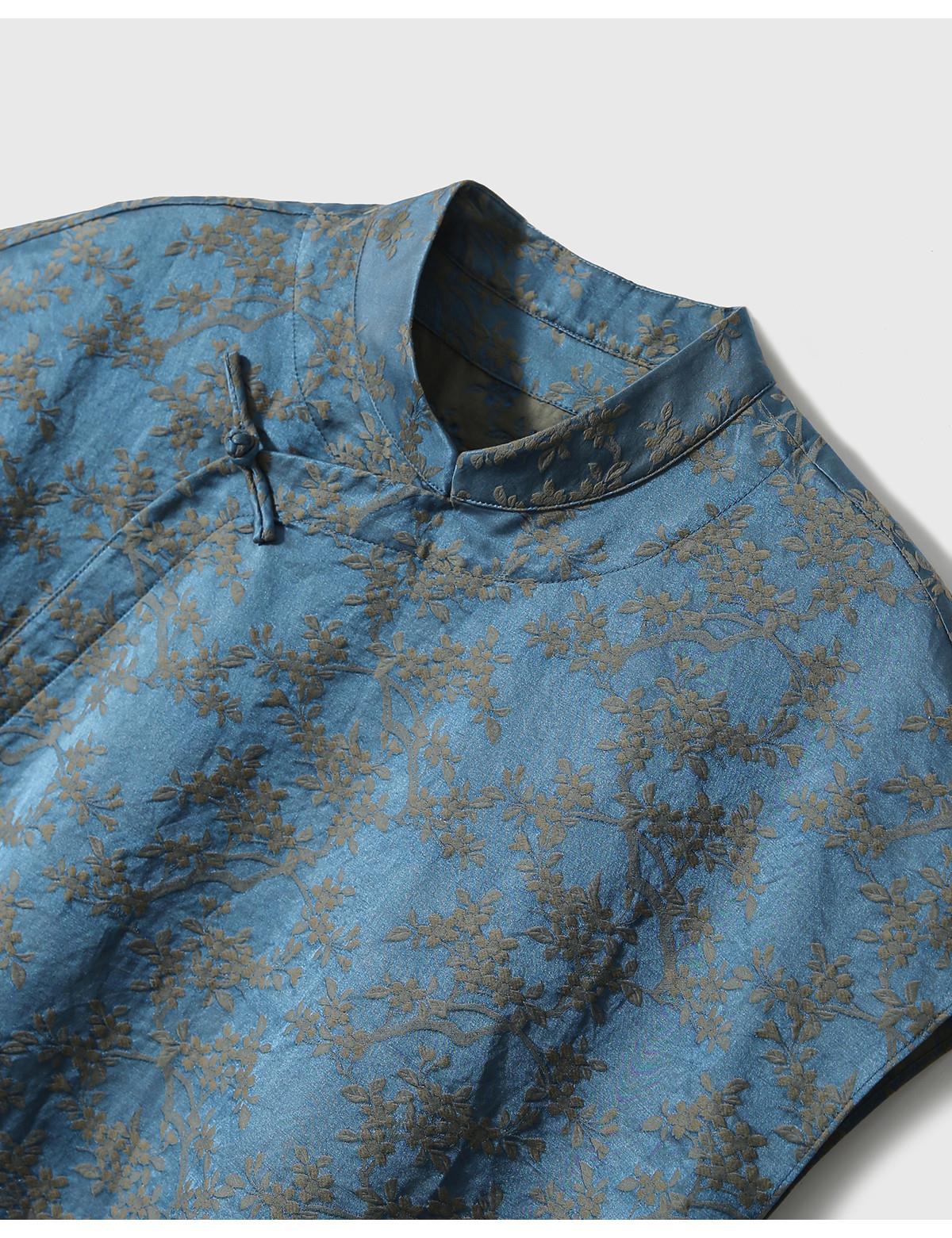 Áo kiểu nữ hè phong cách Trung Hoa, chất liệu jacquard hoa văn nổi, tay ngắn — màu xanh chi tiết 5