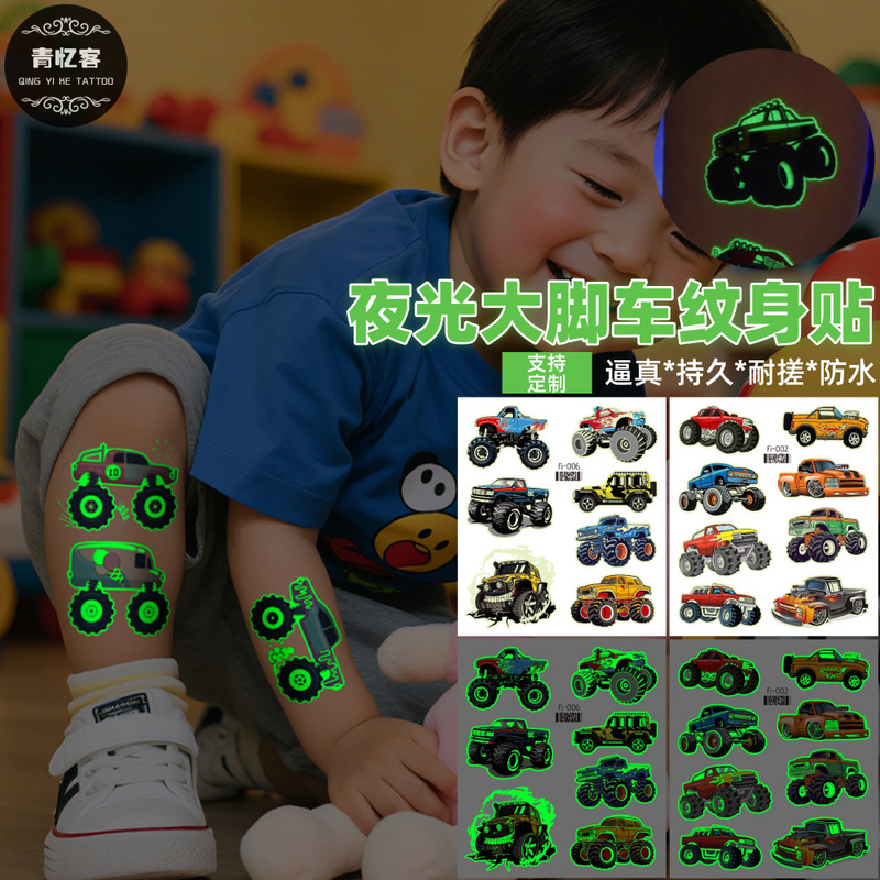 Cross-Border Wholesale Glow-In-The-Dark Big Wheel Bike Temporary Tattoo Stickers Children's Luminous Car Toys Construction Vehicles for Boys