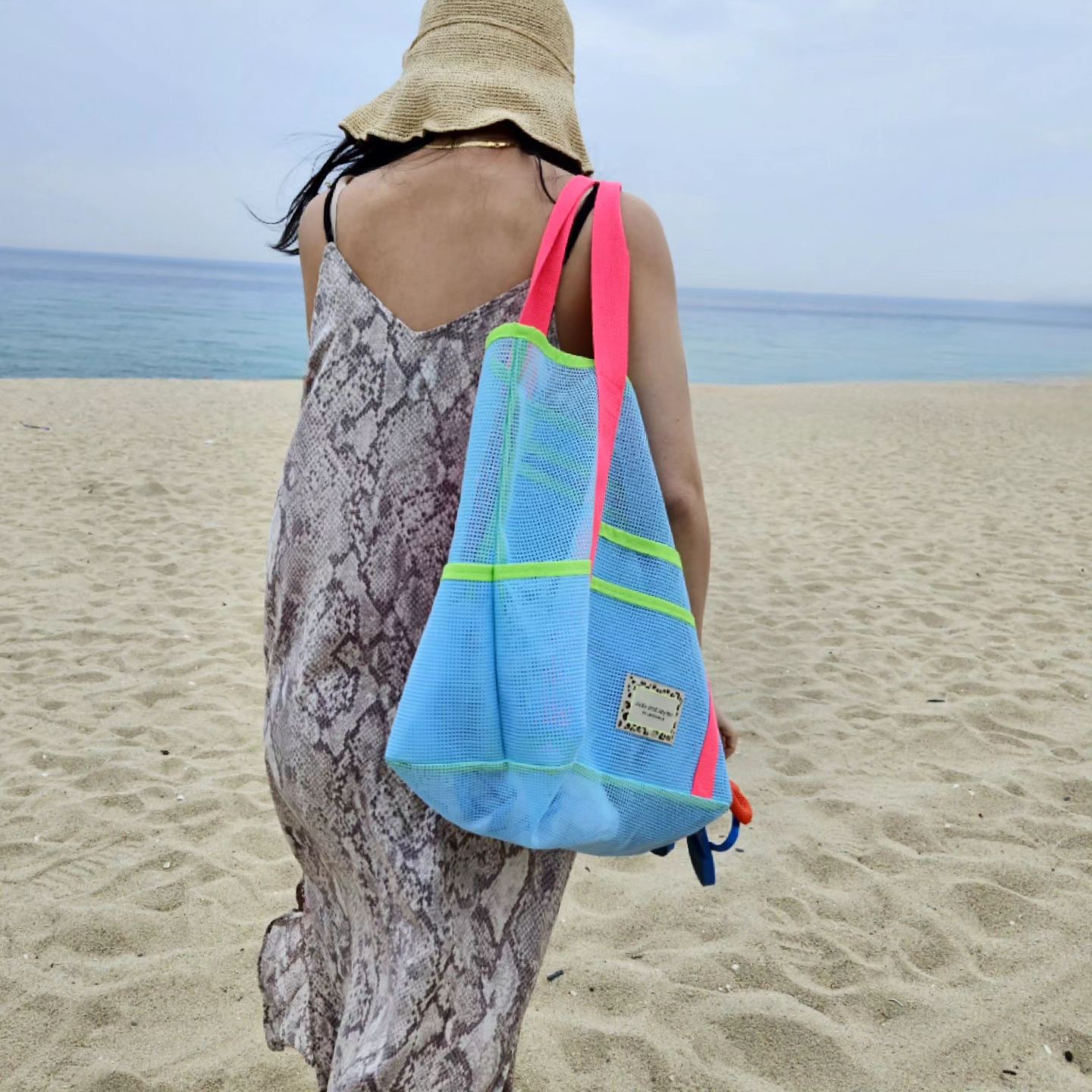 韓国版大容量衝突色ビーチ多機能大容量収納バッグ防水メッシュドーパミン水泳ヨガバッグ