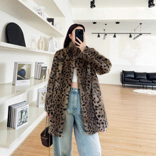 2025年新款老钱风中古兔毛立领皮草外套女经典豹纹毛毛大衣中长款